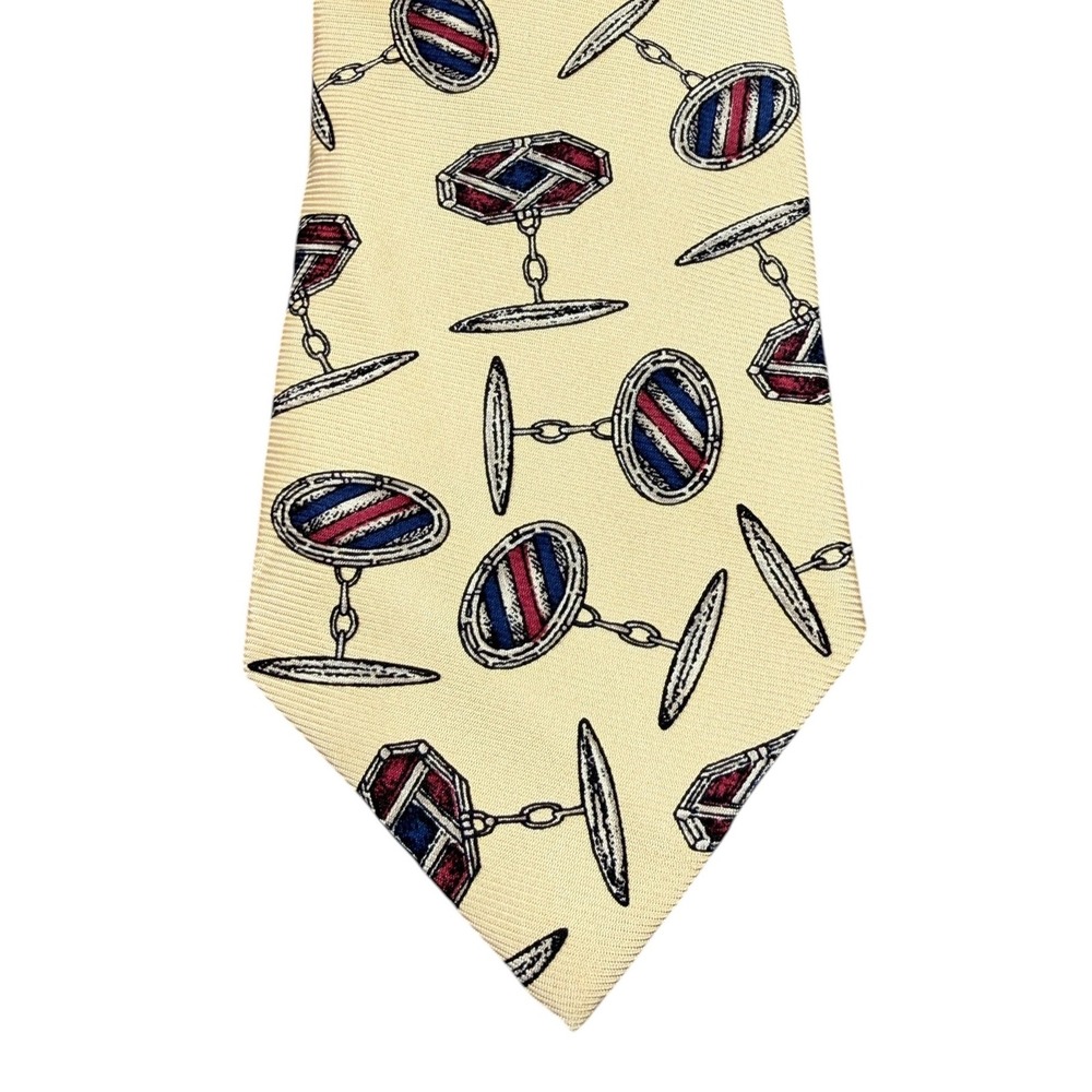 Polo Ralph Lauren Mens Tie Cufflink Motif Silk Yellow Vintage Hand Made 57"